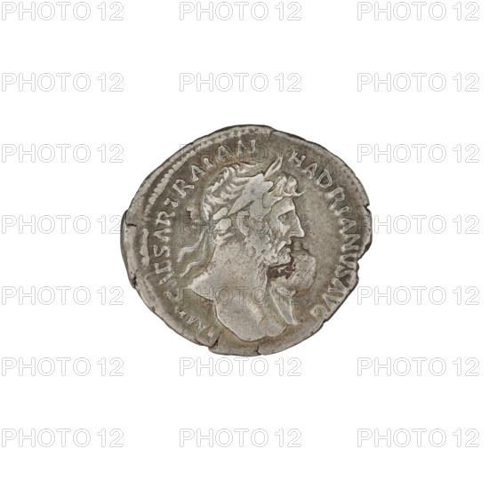 Denarius, Hadrian (76–138; Roman emperor 117–138). Obverse: Bust of Hadrian with laurel wreath and drapery on his shoulder, facing right; inscription: IMPCAESARTRAIANHADRIANVSAVG. Reverse: Concordia seated, facing left, holding a patera in her right hand and resting her left hand on the back of the seat; inscription: CONCORD. PM TR P COS III. 119–122. Rome, Roman Empire (27 BC–476). Coin; weight 3.13 g; axis 180°.