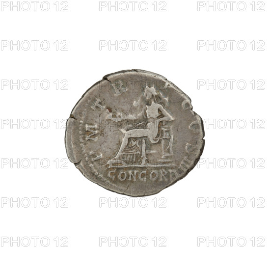 Denarius; Hadrian (76–138; Roman emperor 117–138). Obverse: Bust of Hadrian with laurel wreath and drapery on his shoulder, facing right; inscription IMPCAESARTRAIANHADRIANVSAVG. Reverse: Concordia seated, facing left, holding a patera in her right hand and resting her left hand on the back of the seat; inscription CONCORD and around inscription PM TR P COS III. Date: 119–122. Rome, Roman Empire. Coin; weight 3.13 g; axis 180°.