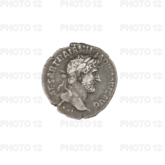 Denarius, Hadrian (76–138; Roman Emperor 117–138). Obverse: Bust of Hadrian with a laurel wreath and drapery on his shoulder, facing right; legend IMP CAESAR TRAIAN H ADRIANVS AVG. Reverse: Libertas seated facing left with a branch in her right hand and a sceptre in her left; inscription LIB PVB below; legend PM TR P COS III. Rome, 119–122. Coin; weight 2.89 g; axis 180°.
