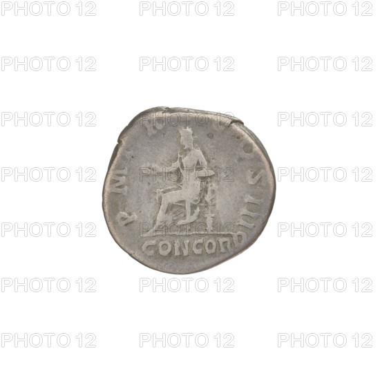 Denarius, Hadrian (76–138; Roman emperor 117–138). Obverse: bust of Hadrian with a laurel wreath and drapery on his shoulder, facing right; inscription AESAR TRAIAN HADRIAN. Reverse: Concordia seated, turned left, holding a patera in her right hand and resting her left hand on the back of the seat; below CONCORD. Inscription PM TR, COS III. Date c. 119–122. Rome, Roman Empire (27 BC–476). Coin; weight 2.84 g; axis 180°.