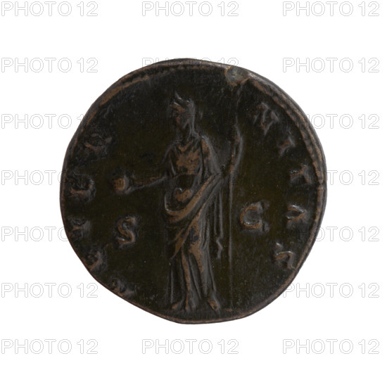 Dupondius, posthumous issue depicting Faustina the Elder (98–141 CE; Roman empress 138–141) and Antoninus Pius (86–161 CE; Roman emperor 138–161) as issuer. Obverse: draped bust of Faustina I facing right, legend DIVA AVGVSTA FAVSTINA. Reverse: Providentia standing left, holding a globe in her outstretched right hand and a long scepter in her left, legend AETERNITAS; in SC. Date: after 141 CE. Roman Empire, Rome. Bronze coin; diam. 26.0–26.5 mm; weight 14.30 g; axis 180°.
