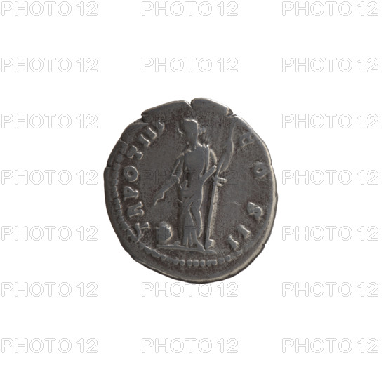 Denarius, ca. 148–149. Obverse: Head of young Marcus Aurelius without a cap facing right; inscription AVRELIVS CAE SAR AVG PII F. Reverse: Providentia standing left, leaning against a column, right hand pointing at a globe on the ground, left hand holding a scepter; inscription TR POT III COS II. Roman Empire (27 BC–476). Coin: silver; diameter 18.0 mm; weight 3.19 g; axis 180°. Makers/issuers: Marcus Aurelius (121–180, caesar 139–161, emperor 161–180) and Antoninus Pius (86–161, emperor 138–161). Iconography: columns, Providentia (personification), scepters, globe, personifications.