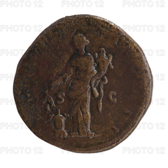 Sestertius of Marcus Aurelius (121–180; Roman emperor 161–180), obverse: head of Marcus Aurelius in a laurel wreath facing right, inscription ONINVS · AVG; reverse: Annona standing left, holding ears of corn above a modius in her right hand and a cornucopia in her left, inscriptions IM, VI, · COS] III, fields S · C; dated 174–175, Roman Empire (27 BC–476), Rome. Coin; diameter 32.0 mm, weight 25.6 g, axis 180°.