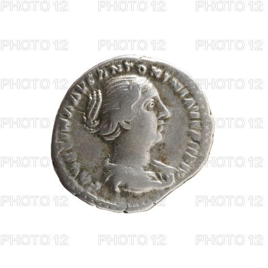 Denarius of Faustina the Younger (ca. 130–176; Roman empress 161–176) — obverse: bust of Faustina II in drapery facing right, inscription FAVSTINA AVG ANTONINI AVG PII FIL; reverse: Concordia stands frontally, head turned right, lifts the folds of her robe with her right hand and holds a cornucopia in her left, inscription CONCOR-DIA. Date: 147–161. Roman Empire (27 BC–476). Rome. Coin; diameter 18.0 mm; weight 3.15 g; axis 180°.