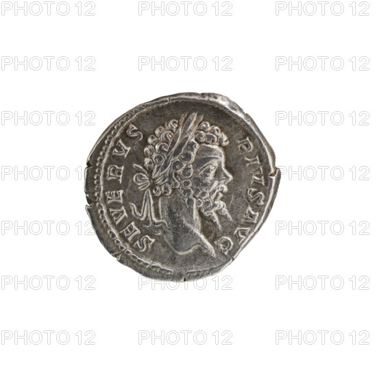 Denarius depicting Septimius Severus (Roman emperor; 146–211). Obverse: 'SEVERVS PIVS AVG' — head of Septimius Severus with a laurel wreath, right. Reverse: 'FVNDA TOR PACIS' — emperor in toga and veil, standing left, holding a branch in his right hand and a scroll in his left. Date: 201–210. Roman Empire. Rome. Coin; diameter 18.5–19.0 mm, weight 2.71 g, axis 180°.