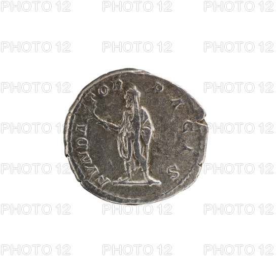 Denarius, 201–210 CE. Obverse: Head of Septimius Severus with a laurel wreath to right, inscription 'SEVERVS PIVS AVG'. Reverse: Septimius, in toga and veil, stands facing left holding a branch in his right hand and a scroll in his left, inscription 'FVNDA TOR PACIS'. Roman Empire; Rome. Silver coin; diameter 18.5–19.0 mm, weight 2.71 g, axis 180°.
