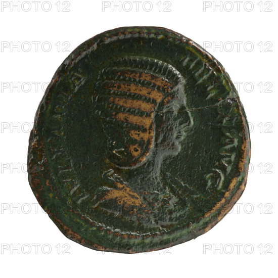 Sestertius of Caracalla (reign 198–217 CE) featuring Julia Domna (ca. 160–217 CE; Roman empress 193–211) — bronze coin, diameter 32.2 mm, weight 23.51 g, axis 0°. Obverse: IVLIAPIA FELIX AVG, bust of Julia Domna facing right with pearl rim. Reverse: Julia seated facing left holding a branch in her right hand and a scepter in her left, pearl border; inscription MAT AVG GM AT SEN; dated to 211–217 CE, Roman Empire (27 BC–476), minted in Rome.