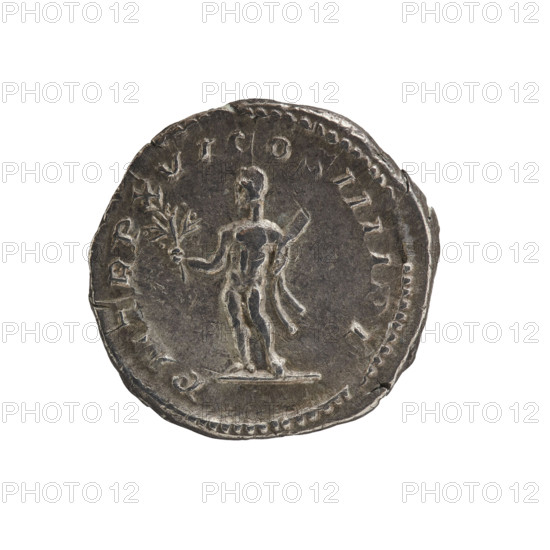 Denarius of Caracalla (188–217 CE). Obverse: Laureate head of Caracalla facing right, inscription ANTONINVS PIVS AVG GERM, pearl border. Reverse: Naked Hercules standing left holding a branch in his right hand and a club and lion skin in his left, inscription PM TR P XV COS IIII P P, pearl border; dated 213. Roman Imperial coin; Rome; diameter ~17.5–19.5 mm, weight 2.96 g, axis 180°.