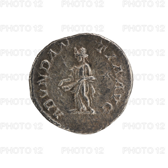 Denarius of Elagabalus (reigned 218–222). Obverse: Bust of Elagabalus with laurel wreath and paludamentum facing right, pearl border, inscribed 'IMP ANTONINVS PIVS AVG' (legend abbreviated). Reverse: Abundantia standing turned left, pouring the contents of a cornucopia, poly star at right, pearl border, inscribed 'ABVNDANTIA AVG.' Date: 220–222 CE. Roman Empire; Rome. Coin; diameter 18.4 mm; weight 2.71 g; axis 0°.