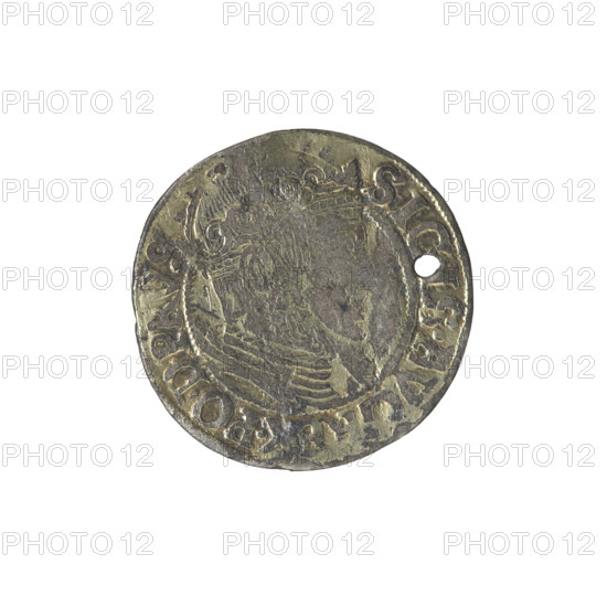 Gdansk grosz, Sigismund II Augustus (King of Poland; 1544–1572). Obverse: Crowned male bust in profile turned to the right; in the rim between pearl-shaped borders an inscription divided at the top: SI, S.AVG.REX.PO.D.PRVS. Reverse: Coat of arms of Gdansk; in the rim between pearl-shaped borders a pearl inscription: .GROSSVS.CIVI., EDAN, .1557. Date: 1557. Subject: Polish coin featuring royal bust and city coat of arms; style/iconography: Jagiellonian dynasty, male bust. Materials: coin. Location: Gdansk, Poland.