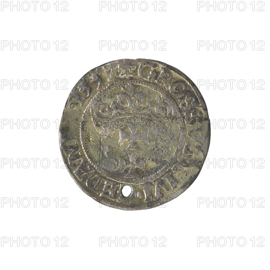 Gdansk grosz, Sigismund II Augustus (King of Poland; 1544–1572). Obverse: Crowned male bust in profile turned to the right; in the rim between pearl-shaped borders an inscription divided at the top: SI, S.AVG.REX.PO.D.PRVS. Reverse: Coat of arms of Gdansk; in the rim between pearl-shaped borders inscription: .GROSSVS.CIVI., EDAN, .1557. Date: 1557. Poland, Gdansk. Subjects/styles: royal bust, Polish coin, city coat of arms; Jagiellonian dynasty; iconography of Sigismund II Augustus.