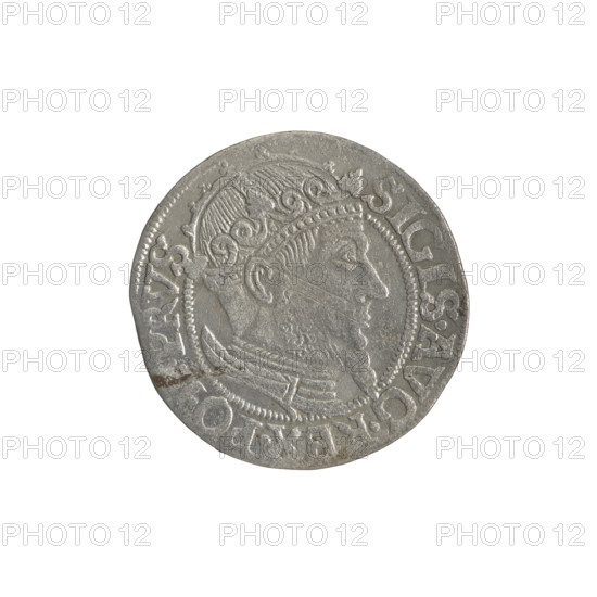 Gdansk grosz, Sigismund II Augustus (King of Poland; 1544–1572), Jagiellon dynasty. Obverse: Crowned male bust in profile turned right; rim between pearl-shaped borders with inscription divided at top: SIGIS.AVG.REX.PO.D.PRVS. Reverse: Coat of arms of Gdansk; rim between pearl-shaped borders with inscription: GROSSVS.CIVI.GEDANEN.1557. 1557. Coin; Poland, Gdansk.