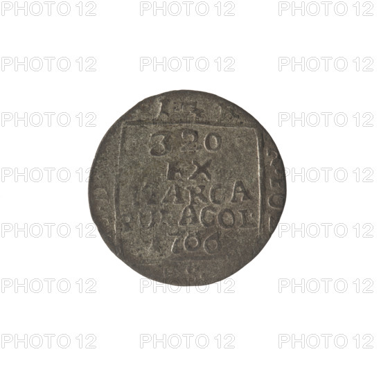 silver crown groschen - forgery; for the original: Stanislaw August Poniatowski (King of Poland, 1764–1795); maker of the original: Sylm, Frederick William (fl. 1765–1767); subject: Polish coins; monarch: Stanislaw August Poniatowski (King of Poland, 1732–1798); features: monograms, tied monograms, royal monograms, inscriptions, crown coins, forgeries; Obv.: In a square frame, under the crown, a tied monogram composed of the letters SAR, pearl border. Rev.: In a square frame, an inscription in five lines: 320/EX/, ARCA/PU, ACOL./1766; on the sides of the square: 1.G / O / .D /; date range: 1766–1795; polity: Polish–Lithuanian Commonwealth (1569–1795); place (for the original): Warsaw, Poland; object type: coin, counterfeit; dimensions: diameter 20.7 mm, diameter 21.3 mm, weight 1.94 g.