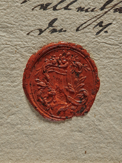 Circular wax impression of the seal of the office of the Elector of Saxony in Dresden. In the field of the seal, an oval crowned shield with the coat of arms of Saxony. The shield is bipartite with a column. The right field is bipartite with a black stripe at the top and a white stripe in the lower field, against this background two crossed swords. The left field has five gold and five black horizontal stripes and a stripe lying diagonally to the right. Below the shield are two crossed palm branches. In the rim the inscription: CHURFURSTE: SAECHS: AMT: DRESDEN. Second wax seal — decorative monogram FTL (Friedrich Traugoth Ludewig), 1794. Locations noted: Germany, Dresden; Poland, Elblag., The image shows a close-up of textured beige paper with a round red wax seal pressed onto it; the wax seal has an embossed ornate design with floral and scroll motifs and some dark speckles and slight cracking, and there is a small area of dark smudging on the seal.