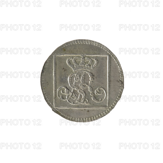 silver crown groschen; maker: Sylm, Frederick William (fl. 1765–1767); issuer: Stanislaw August Poniatowski (King of Poland; 1764–1795); Polish coins; tied royal monogram SAR under a crown; monograms, inscriptions, crown coin; Obv.: in a square frame under a crown a tied monogram composed of the letters SAR, pearl border; Rev.: in a square frame an inscription in five lines: 320/EX/MARCA/PURA.COL/1766, with inscriptions on the sides of the frame: 1.GR./R.POL./MDL/FS, pearl border; date 1766; Polish–Lithuanian Commonwealth (1569–1795), Warsaw, Poland; coin; diameter 20.6–20.9 mm; weight 1.89 g