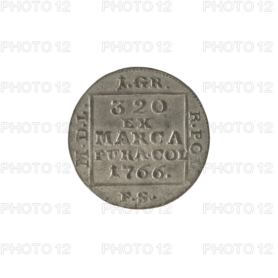 silver crown groschen, Sylm, Frederick William (fl. 1765-1767), Stanislaw August Poniatowski (King of Poland; 1764–1795), Polish coins, Stanislaw August Poniatowski (King of Poland; 1732–1798), monograms, tied monograms, royal monograms, inscriptions, crown coin. Obv.: In a square frame, under the crown, a tied monogram composed of the letters SAR, pearl border. Rev.: In a square frame an inscription in five lines: 320/EX/MARCA/PURA.COL./1766, on the sides of the square: 1.GR./R.PO./MDL/FS, pearl border. 1766, Polish–Lithuanian Commonwealth (1569–1795), Warsaw, Poland. Coin: diameter 20.8–21.0 mm, weight 1.68 g.