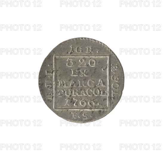 silver Crown groschen; maker: Frederick William (fl. 1765–1767); ruler: Stanislaw August Poniatowski (King of Poland; reign 1764–1795; b. 1732–1798); monograms, tied monograms, royal monograms, inscriptions; Crown coin, Polish coin. Obverse: in a square frame under a crown, a tied monogram composed of the letters SAR, pearl border. Reverse: in a square frame an inscription in five lines: '320/EX ./MARCA./PURA.COL./1766.', on the sides of the square: '1.GR./R.POL./MDL/FS', pearl border. Date: 1766. Place: Polish–Lithuanian Commonwealth (1569–1795), Warsaw, Poland. Object type: coin. Measurements: diameter 21.1–21.4 mm, weight 1.98 g.
