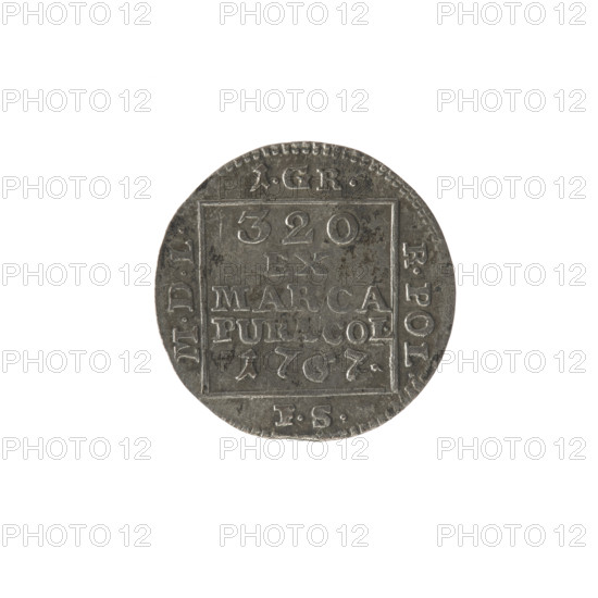 silver Crown groschen, Sylm, Frederick William (fl. 1765-1767), Stanislaw August Poniatowski (King of Poland; 1764–1795), Stanislaw August Poniatowski (King of Poland; 1732–1798), monograms, tied monograms, royal monograms, inscriptions, Crown coins, Polish coins. Obv.: In a square frame, under a crown, a tied monogram composed of the letters SAR, pearl border. Rev.: In a square frame an inscription in five lines: 320/EX/MARCA/PURA.COL./1767, on the sides of the square: 1.GR./R.POL./MDL/FS, pearl border. 1767, Polish–Lithuanian Commonwealth (1569–1795), Warsaw, Poland. Coin; diameter 20.4 mm and 20.7 mm, weight 2.12 g.