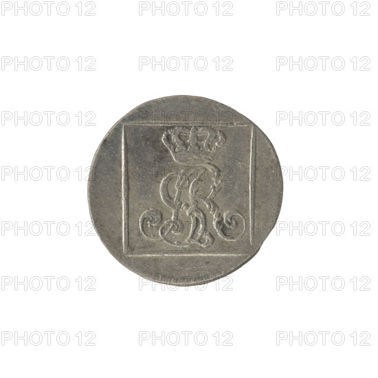silver Crown groschen, Sylm, Frederick William (fl. 1765–1767); Stanislaw August Poniatowski (King of Poland; 1764–1795 / 1732–1798); tied royal monogram SAR; inscriptions; Crown coin, Polish coin. Obverse: in a square frame under a crown, a tied monogram composed of the letters SAR, pearl border. Reverse: in a square frame an inscription in five lines: '320/EX/MARCA/PURA.COL./1767', with on the sides of the square: '1.GR./R.POL./MDL/FS', pearl border. 1767, Polish–Lithuanian Commonwealth (1569–1795), Warsaw, Poland. Coin; diameter 20.6–21.2 mm; weight 1.95 g.