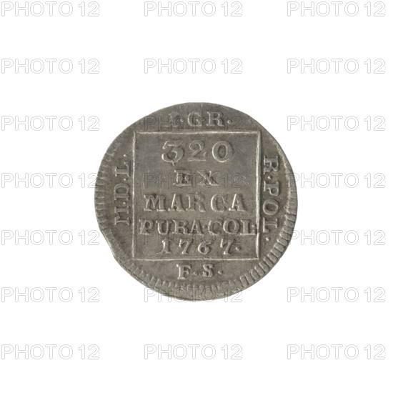 Silver crown groschen, 1767. Obverse: in a square frame under a crown, a tied monogram composed of the letters SAR, pearl border. Reverse: in a square frame an inscription in five lines: '320/EX/MARCA/PURA.COL./1767', with on the sides of the square '1.GR./R.POL./MDL/FS', pearl border. Maker: Sylm; associated with Frederick William (fl. 1765–1767) and Stanislaw August Poniatowski (King of Poland, 1764–1795). Monograms and tied royal monograms present. Polish-Lithuanian Commonwealth (1569–1795), Warsaw, Poland. Coin; diameter 20.6–21.2 mm, weight 1.95 g.