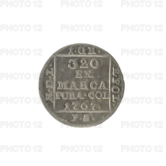 silver Crown groschen; Sylm, Frederick William (fl. 1765–1767); Stanislaw August Poniatowski (King of Poland; 1764–1795 / 1732–1798); monograms, tied monograms, royal monograms, inscriptions; Crown coin, Polish coin. Obverse: in a square frame, under a crown, a tied monogram composed of the letters SAR, pearl border. Reverse: in a square frame an inscription in five lines: '320/EX/MARCA/PURA.COL./1767', with on the sides of the square: '1.GR./R.POL./MDL/FS', pearl border. Date: 1767. Place: Polish–Lithuanian Commonwealth (1569–1795), Warsaw, Poland. Coin. Diameter: 20.7–21.1 mm. Weight: 1.89 g.