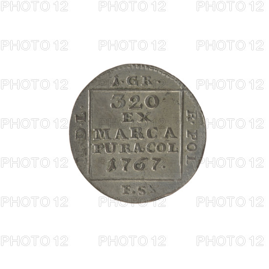 Silver Crown groschen, Sylm, Frederick William (fl. 1765–1767); Stanislaw August Poniatowski (King of Poland; 1764–1795; b. 1732–1798). Obverse: in a square frame under a crown, a tied royal monogram composed of the letters SAR; pearl border. Reverse: in a square frame an inscription in five lines: '320/EX/MARCA/PURA.COL./1767', with legend on the sides of the square: '1.GR./R.POL./MDL/FS'; pearl border. Date: 1767. Place: Warsaw, Polish–Lithuanian Commonwealth (1569–1795). Medium: silver coin. Diameter: 20.6–21.2 mm. Weight: 2.00 g.