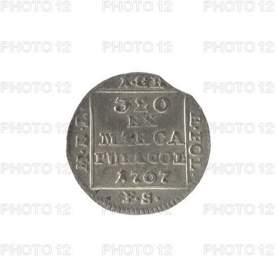 Silver crown groschen, 1767. Obverse: in a square frame under a crown a tied monogram composed of the letters SAR, pearl border. Reverse: in a square frame an inscription in five lines: '320/EX/MARCA/PURA.COL./1767'; on the sides of the square: '1.GR./R.POL./MDL/FS', pearl border. Maker: Frederick William (fl. 1765–1767). Associated ruler: Stanislaw August Poniatowski (King of Poland, 1764–1795). Material: silver. Type: Crown coin (Polish coin). Place: Warsaw, Polish–Lithuanian Commonwealth (1569–1795). Diameter: 20.8–21.0 mm. Weight: 1.90 g.