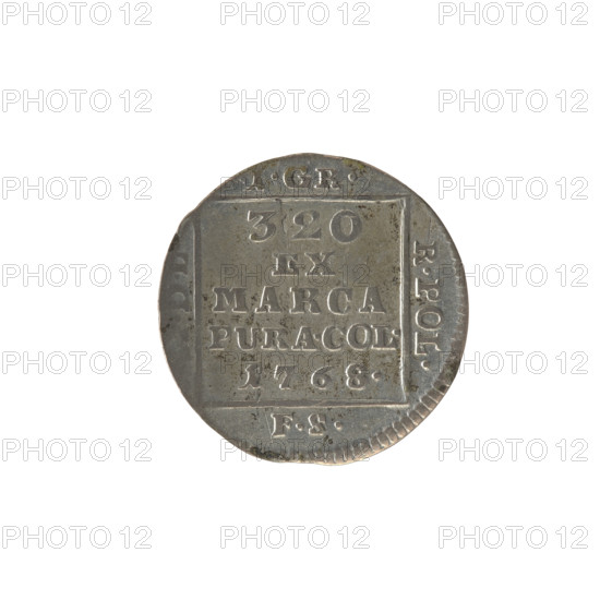 silver Crown groschen, Sylm, Frederick William (fl. 1765–1767); Stanislaw August Poniatowski (King of Poland; 1764–1795 / 1732–1798); monograms, tied monograms, royal monograms, inscriptions; Crown coin, Polish coin. Obv.: In a square frame, under a crown, a tied monogram composed of the letters SAR, pearl border. Rev.: In a square frame an inscription in five lines: 320/EX/MARCA/PURA.COL./1768; on the sides of the square: 1.GR./R.POL./, /FS; pearl border. 1768, Polish–Lithuanian Commonwealth (1569–1795), Warsaw, Poland. Coin; diameter 21.0 mm and 21.4 mm; weight 1.65 g.
