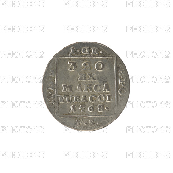 silver Crown groschen, Sylm, Frederick William (fl. 1765-1767), Stanislaw August Poniatowski (King of Poland; 1764–1795), monograms, tied monograms, royal monograms, inscriptions, Crown coins, Polish coins. Obv.: In a square frame, under a crown, a tied monogram composed of the letters SAR, pearl border. Rev.: In a square frame an inscription in five lines: 320/EX/MARCA/PURA.COL./1768., on the sides of the square: 1.GR./R.PO, /MD, /FS, pearl border. 1768, Polish–Lithuanian Commonwealth (1569–1795), Warsaw, Poland. Coin; diameter 20.7 mm and 21.2 mm; weight 1.99 g.