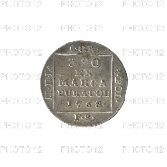 silver Crown groschen, Sylm, Frederick William (fl. 1765–1767), Stanislaw August Poniatowski (King of Poland; 1764–1795; b. 1732–1798), monograms, tied monograms, royal monograms, inscriptions, Crown coins, Polish coins. Obverse: in a square frame under a crown, a tied monogram composed of the letters SAR, pearl border. Reverse: in a square frame an inscription in five lines: 320/EX/MARCA/PURA.COL./1768, with on the sides of the square: 1.GR./R.POL./MDL/FS, pearl border. 1768, Polish–Lithuanian Commonwealth (1569–1795), Warsaw, Poland. Coin; diameter 21.1–21.5 mm; weight 1.95 g.