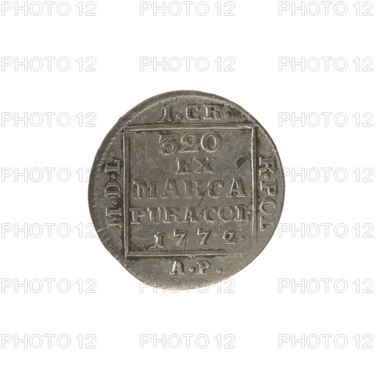 silver crown groschen, Antoni Partenstein (fl. 1772–1774), Stanislaw August Poniatowski (King of Poland; 1764–1795), tied royal monogram composed of the letters SAR beneath a crown, pearl border; Obverse: in a square frame under the crown a tied monogram SAR, pearl border. Reverse: in a square frame an inscription in five lines: 320/EX/MARCA/PURA.COL./1772., on the sides of the square: 1.GR./R.POL./MDL/AP, border pearl; 1772; Polish–Lithuanian Commonwealth (1569–1795); Warsaw, Poland; coin; diameter 20.8 mm and 21.6 mm; weight 1.83 g