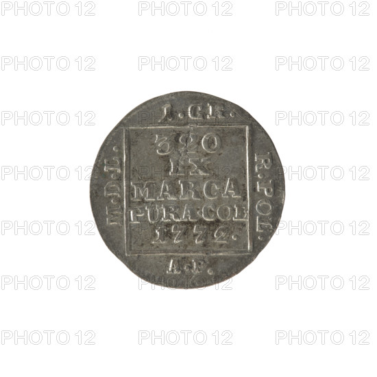 silver crown groschen, Stanislaw August Poniatowski (King of Poland; 1764–1795), Antoni Partenstein (fl. 1772–1774), Stanislaw August Poniatowski (King of Poland; 1732–1798), monograms, tied monograms, royal monograms, inscriptions, Crown coins, Polish coins. Obverse: in a square frame under the crown a tied monogram composed of the letters SAR, pearl border. Reverse: in a square frame an inscription in five lines: 320/EX/MARCA/PURA.COL./1772, on the sides of the square: 1.GR./R.POL./MDL/AP, pearl border, 1772. Polish–Lithuanian Commonwealth (1569–1795), Warsaw, Poland. Coin; diameter 20.8–21.2 mm, weight 1.87 g.