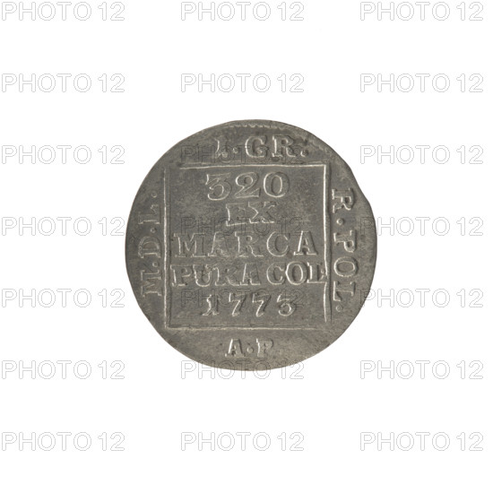 silver crown grosz, Stanislaw August Poniatowski (King of Poland; 1764–1795), Antoni Partenstein (fl. 1772–1774), tied monogram SAR under a crown, monograms and inscriptions, crown coin, Polish coin. Obverse: in a square frame under the crown a tied monogram composed of the letters SAR, pearl border. Reverse: in a square frame an inscription in five lines: 320/EX/MARCA/PURA.COL./1773, on the sides of the square: 1.GR./R.POL./MDL/AP, pearl border. Date: 1773. Polish–Lithuanian Commonwealth (1569–1795). Mint: Warsaw, Poland. Coin. Diameter: 20.7–21.1 mm. Weight: 1.82 g.