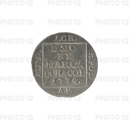 silver crown groschen, Antoni (fl. 1772–1774), Stanislaw August Poniatowski (King of Poland; 1764–1795), Stanislaw August Poniatowski (King of Poland; 1732–1798), monograms, tied monograms, royal monograms, inscriptions, Crown coins, Polish coins. Obv.: In a square frame, under a crown, a tied monogram composed of the letters SAR, pearl border. Rev.: In a square frame an inscription in five lines: 320/EX/MARCA/PURA.COL./1774., on the sides of the square: 1.GR./R.POL./MDL/AP, border pearl. 1774, Polish–Lithuanian Commonwealth (1569–1795), Warsaw, Poland. Coin; diameter 20.3 mm and 20.8 mm, weight 1.85 g.