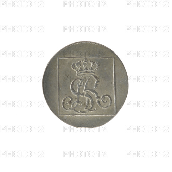 silver crown groschen, Brenn, Efraim (fl. 1774–1792), Stanislaw August Poniatowski (King of Poland; 1764–1795), Stanislaw August Poniatowski (King of Poland; 1732–1798), monograms, tied monograms, royal monograms, inscriptions, Crown coins, Polish coins. Obv.: In a square frame, under a crown, a tied monogram composed of the letters SAR, pearl border. Rev.: In a square frame an inscription in five lines: 320/EX/MARCA/PURA.COL./1775., on the sides of the square: 1.GR./R.POL./MDL/EB, pearl border. 1775, Polish-Lithuanian Commonwealth (1569–1795), Warsaw, Poland, coin; diameter 20.4 mm; diameter 20.8 mm; weight 1.95 g.