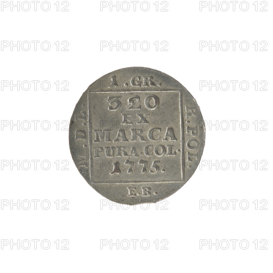Silver crown groschen; maker: Brenn, Efraim (fl. 1774–1792); issuer: Stanislaw August Poniatowski (King of Poland; reign 1764–1795); tied royal monogram composed of letters SAR; obverse: in a square frame under a crown a tied monogram SAR, pearl border; reverse: in a square frame an inscription in five lines: '320/EX/MARCA/PURA.COL./1775', flanked by '1.GR./R.POL./MDL/EB', pearl border; date: 1775; Polish–Lithuanian Commonwealth (1569–1795), Warsaw, Poland; coin; diameter 20.4 mm and 20.8 mm; weight 1.95 g.