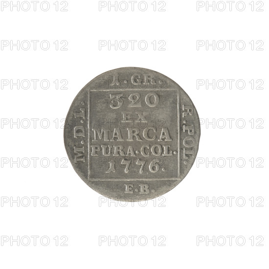 Silver crown groschen; maker: Brenn, Efraim (fl. 1774–1792); issuer: Stanislaw August Poniatowski (King of Poland, dates given as 1764–1795 and 1732–1798); features: monograms, tied/royal monograms, inscriptions; obverse: in a square frame under a crown a tied monogram composed of the letters SAR, pearl border; reverse: in a square frame an inscription in five lines: '320/EX/MARCA/PURA.COL./1776.', on the sides of the square: '1.GR./R.POL./MDL/EB', pearl border; date: 1776; polity: Polish–Lithuanian Commonwealth (1569–1795); place: Warsaw, Poland; object type: coin; measurements: diameter 20.5 mm and 20.8 mm, weight 1.87 g.