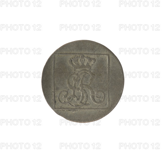 silver crown groschen; maker: Brenn, Efraim (fl. 1774–1792); issued under Stanislaw August Poniatowski (King of Poland, reign 1764–1795; b.1732–d.1798); tied royal monogram SAR; obverse: in a square frame under a crown a tied monogram composed of the letters SAR, pearl border; reverse: in a square frame an inscription in five lines: '320/EX/MARCA/PURA.COL./1777', flanked by '1.GR./R.POL./MDL/EB', pearl border; date 1777; Polish–Lithuanian Commonwealth (1569–1795), Warsaw, Poland; coin; diameter ~20.6–20.8 mm; weight 1.87 g.