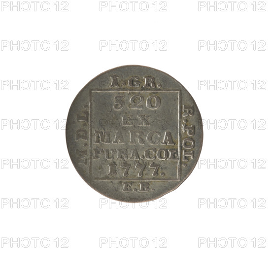 Silver crown groschen, maker: Brenn, Efraim (fl. 1774–1792). Obverse: in a square frame under a crown, a tied monogram composed of the letters SAR, pearl border. Reverse: in a square frame an inscription in five lines: '320/EX/MARCA/PURA.COL./1777'; on the sides of the square: '1.GR./R.POL./MDL/EB', pearl border. Date: 1777. Associated with Stanislaw August Poniatowski (King of Poland, 1764–1795 / b. 1732–1798). Type: Crown coin, Polish coin; Polish–Lithuanian Commonwealth (1569–1795), Warsaw, Poland. Medium: silver; coin. Diameter: 20.6–20.8 mm. Weight: 1.87 g.