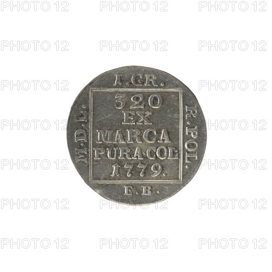 silver crown groschen; maker: Efraim Brenn (fl. 1774–1792); obverse: in a square frame under a crown a tied royal monogram composed of the letters SAR, pearl border; reverse: in a square frame an inscription in five lines '320/EX/MARCA/PURA.COL./1779', with legends at the sides '1.GR./R.POL./MDL/EB', pearl border; dated 1779; reign: Stanislaw August Poniatowski (King of Poland, 1764–1795); Polish–Lithuanian Commonwealth (1569–1795), Warsaw, Poland; coin; diameter ~20.9–21.2 mm; weight 2.17 g