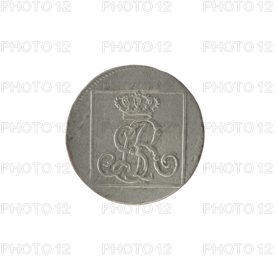 silver crown groschen; maker: Brenn, Efraim (fl. 1774–1792); issuer: Stanislaw August Poniatowski (King of Poland; reign 1764–1795); tied royal monogram composed of the letters SAR; monograms, inscriptions, crown, Crown coins, Polish coins. Obverse: in a square frame under a crown a tied monogram composed of the letters SAR, pearl border. Reverse: in a square frame an inscription in five lines: '320/EX/MARCA/PURA.COL./1779', with legend on the sides of the square: '1.GR./R.POL./MDL/EB', pearl border. Date: 1779. Place: Polish–Lithuanian Commonwealth; Warsaw, Poland. Object type: coin. Measurements: diameter 20.3 mm (one face) and 20.6 mm (other), weight 1.91 g.