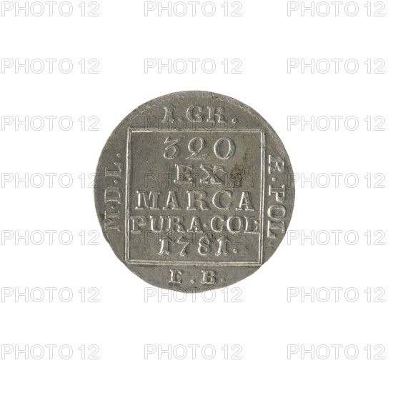 silver crown groschen; maker: Efraim Brenn (fl. 1774–1792); obverse: in a square frame under a crown a tied monogram composed of the letters SAR, pearl border; reverse: in a square frame an inscription in five lines: '320/EX/MARCA/PURA.COL./1781.', with legends at the sides of the square '1.GR./R.POL./MDL/EB', pearl border; dated 1781; associated with Stanislaw August Poniatowski (King of Poland; 1764–1795; born 1732–1798); Polish–Lithuanian Commonwealth (1569–1795), Warsaw, Poland; coin; diameter approx. 20.8–21.1 mm; weight 1.99 g