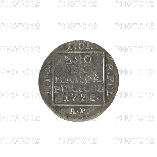 silver Crown groschen, Partenstein, Antoni (fl. 1772–1774), Stanislaw August Poniatowski (King of Poland; 1764–1795; b. 1732–1798), Polish coins, monograms, tied monograms, royal monograms, inscriptions, Crown coins. Obv.: In a square frame, under a crown, a tied monogram composed of the letters SAR, pearl border. Rev.: In a square frame, an inscription in five lines: 320/EX/MARCA/PURA.COL./1772., square sides: 1.GR./R.POL./MDL/AP, pearl border. 1772. Polish–Lithuanian Commonwealth (1569–1795), Warsaw, Poland. Coin: diameter 20.5–21.3 mm, weight 1.36 g.