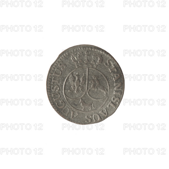 Crown six-coin, Stanislaw August Poniatowski (King of Poland; 1732–1798). Obverse: Under the crown a round, three-field coat of arms with the coats of arms of Poland (Eagle), Lithuania (Pogon) and the Poniatowski coat of arms (Ciolek), around the inscription divided by a crown: STANISLAUS AUGUSTUS — pearl border. Reverse: Inscription in three lines: .6./GROSZY/1794. (rosette value numerals on the sides), pearl border. 1794; Polish–Lithuanian Commonwealth (1569–1795). Coin; diameter 19.0–19.4 mm; weight 1.42 g.