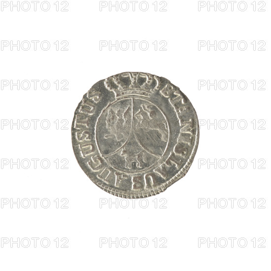 Crown six-coin of Stanislaw August Poniatowski (King of Poland; 1732–1798), 1794. Obverse: under a crown a round, three-field coat of arms with the coats of arms of Poland (Eagle), Lithuania (Pogon) and the Poniatowski coat of arms (Ciolek), around the inscription divided by a crown: STANISLAUS AUGUSTUS — pearl border. Reverse: inscription in three lines: .6./GROSZY/1794. (rosette value numerals on the sides), pearl border. Coin of the Polish–Lithuanian Commonwealth; diameter ca. 19.2–19.5 mm, weight 1.66 g.