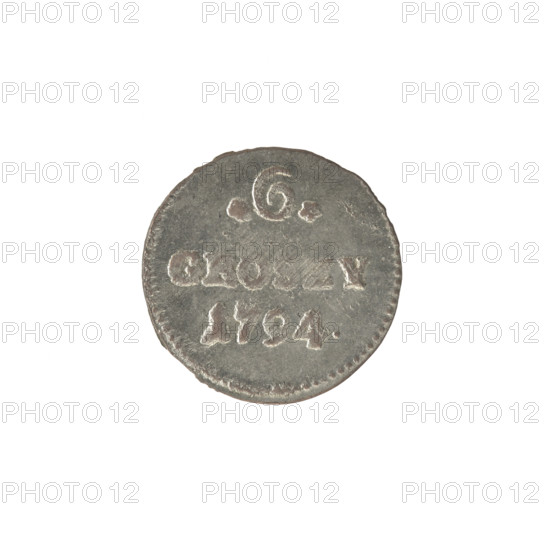 Crown six-coin, Stanislaw August Poniatowski (King of Poland; 1732–1798). Obverse: Under the crown a round, three-field coat of arms with the coats of arms of Poland (Eagle), Lithuania (Pogon) and the Poniatowski coat of arms (Ciolek); around the inscription divided by a crown: STANISLAUS AUGUSTUS; pearl border. Reverse: Inscription in three lines: .6./GROSZY/1794. (rosette value numerals on the sides); pearl border. Date: 1794. Context: Polish–Lithuanian Commonwealth (1569–1795). Place: Warsaw, Poland. Object: coin; diameter 19.2–19.5 mm; weight 1.66 g.