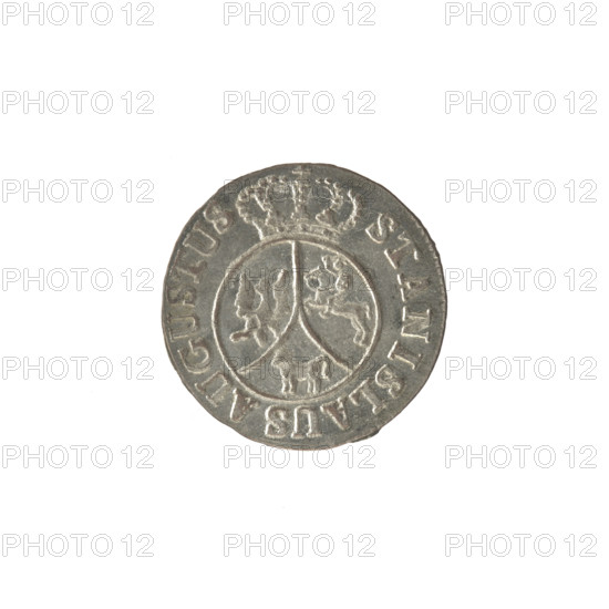 Crown six-coin of Stanislaw August Poniatowski (King of Poland; 1732–1798), 1794. Obverse: under a crown a round, three-field coat of arms with the coats of arms of Poland (Eagle), Lithuania (Pogon) and the Poniatowski coat of arms (Ciolek); around the inscription divided by a crown: STANISLAUS AUGUSTUS; pearl border. Reverse: inscription in three lines: .6./GROSZY/1794 with rosette value numerals on the sides; pearl border. Coin of the Polish–Lithuanian Commonwealth (1569–1795). Diameter ~19.0–19.3 mm; weight 1.55 g.