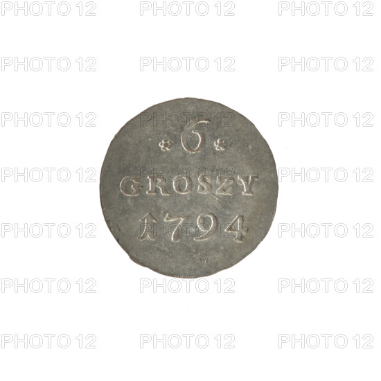 Crown six-coin of Stanislaw August Poniatowski (King of Poland; 1732–1798), 1794. Obverse: Under a crown a round, three-field coat of arms with the coats of arms of Poland (Eagle), Lithuania (Pogon) and the Poniatowski coat of arms (Ciolek), around the inscription divided by a crown: STANISLAUS AUGUSTUS — pearl border. Reverse: Inscription in three lines: .6./GROSZY/1794 (rosette value numerals on the sides), pearl border. Coin of the Polish–Lithuanian Commonwealth (1569–1795); diameter ~19.0–19.3 mm, weight 1.55 g.