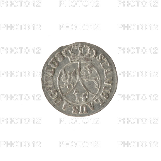 Crown six-coin, Stanislaw August Poniatowski (King of Poland; 1732–1798). Obverse: Under the crown a round, three-field coat of arms with the coats of arms of Poland (Eagle), Lithuania (Pogon) and the Poniatowski coat of arms (Ciolek), around the inscription divided by a crown: STANISLAUS AUGUSTUS — border. Reverse: Inscription in three lines: .6./GROSZY/1794 (on the sides of the rosette value numerals), border. Dated 1794. Polish–Lithuanian Commonwealth (1569–1795). Coin; diameter 19.0–19.4 mm; weight 1.69 g.