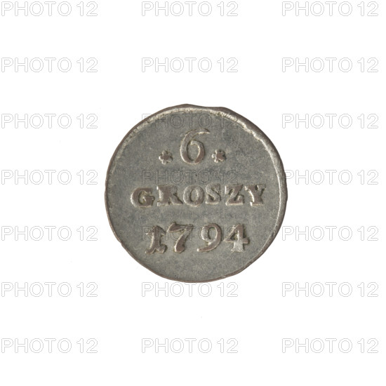Crown six-coin, Stanislaw August Poniatowski (King of Poland; 1732–1798), 1794. Obverse: Under the crown a round, three-field coat of arms with the coats of arms of Poland (Eagle), Lithuania (Pogon) and the Poniatowski coat of arms (Ciolek); around the inscription divided by a crown: STANISLAUS AUGUSTUS — border. Reverse: Inscription in three lines: .6./GROSZY/1794 (value numerals on the sides of the rosette). Polish–Lithuanian Commonwealth (1569–1795). Coin, dia. 19.0–19.4 mm, weight 1.69 g.